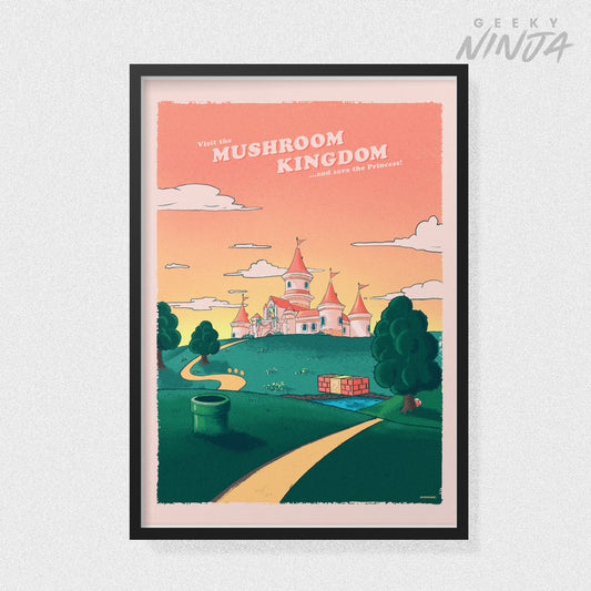 The Mushroom Kingdom Travel Poster  -  Super Mario Poster Art